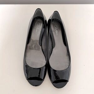 Cole Haan Black Patent Low Heeled Open Toe Wedges, US 8.5